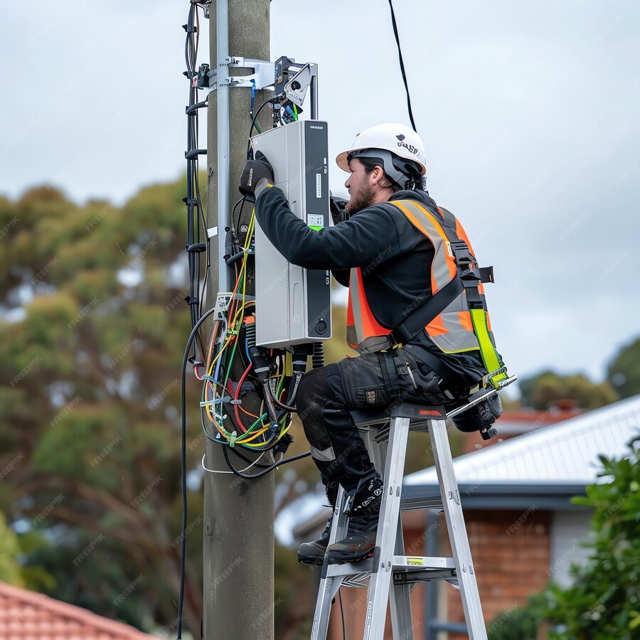 man wearing hard hat is stands working electric power line repairing network 326694 214790